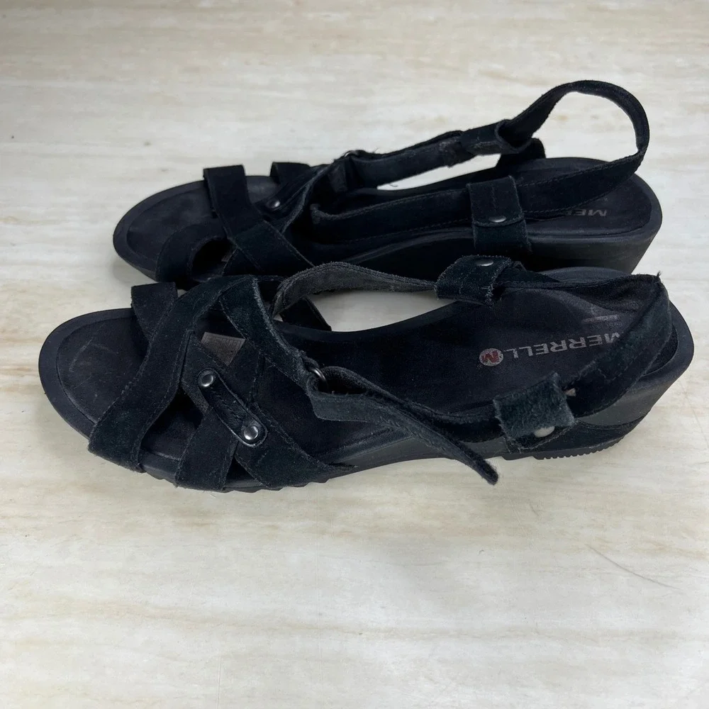 Merrell Black Suede Strappy Wedge Sandals Womens 11 M Select Grip Air Cushion